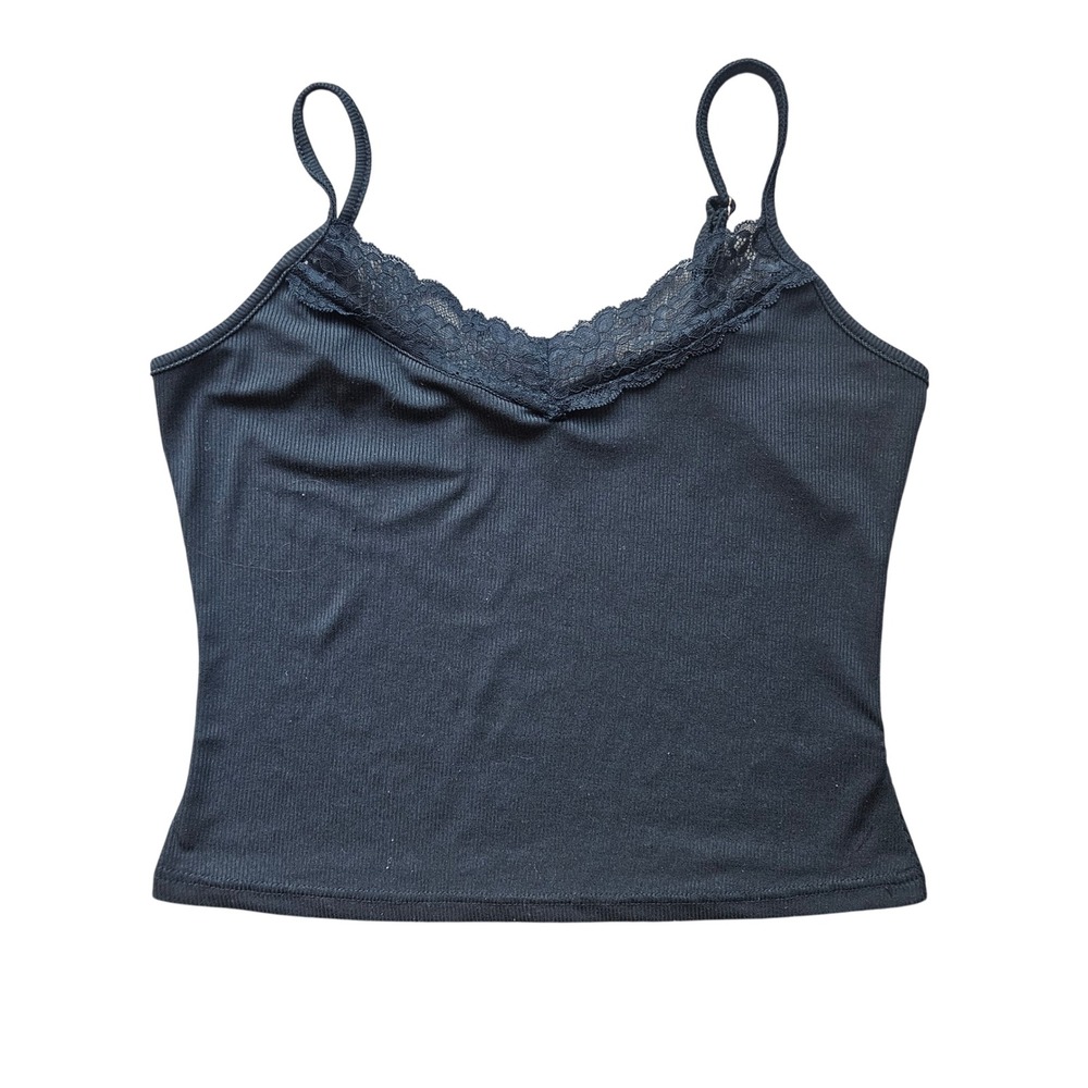 Womens Black Ribbed Lace Trim Camisole Adjustable Spaghetti Strap V-Neck Top